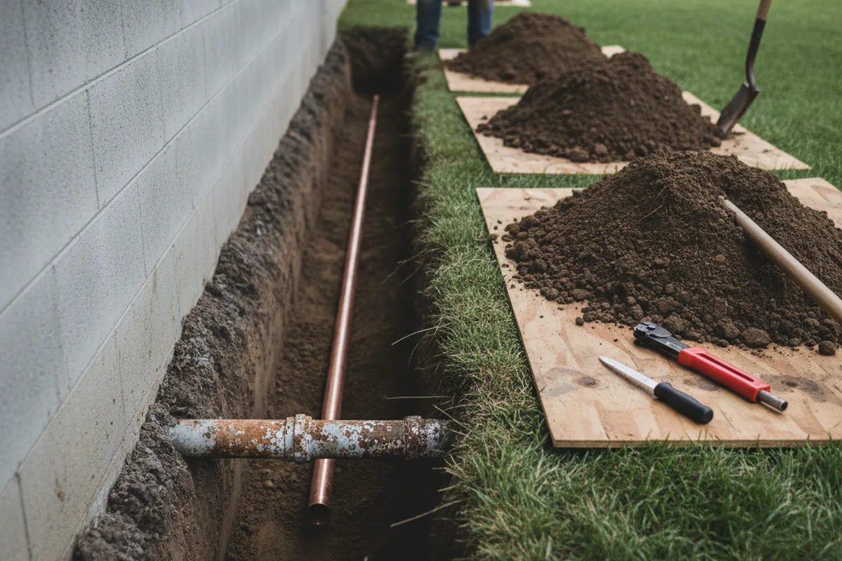 Excavated water line trench during Water Heater Repair in Whitleyville